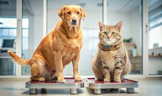 un chien et un chat très gros chacun sur une balance qui nous regardent 